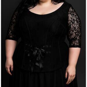 Tripp NYC Plus Vintage Black Lace Brocade Corset Top 3/4 Sleeve Milkmaid Blouse